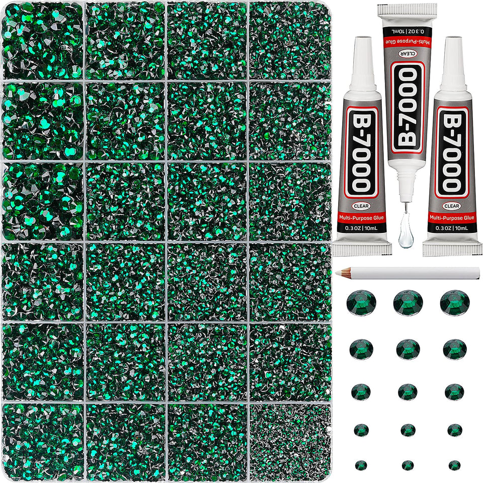 Worthofbest front packaging showing emerald rhinestone kit and accessories for easy storage
