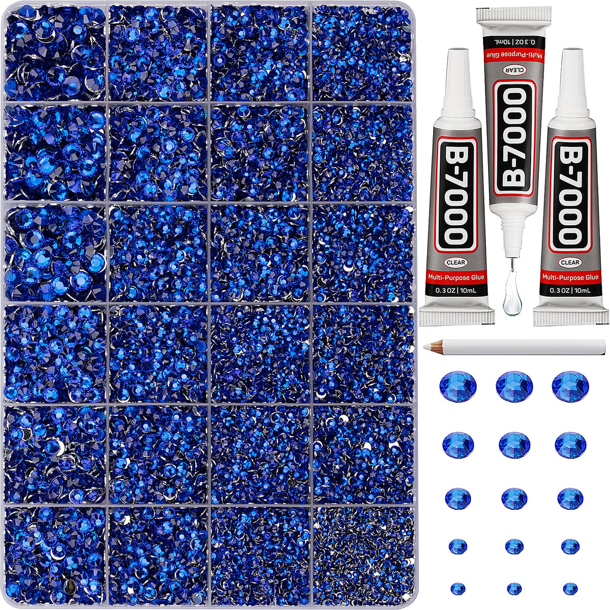 Worthofbest front packaging showing royal blue rhinestone kit and included tools for easy crafting