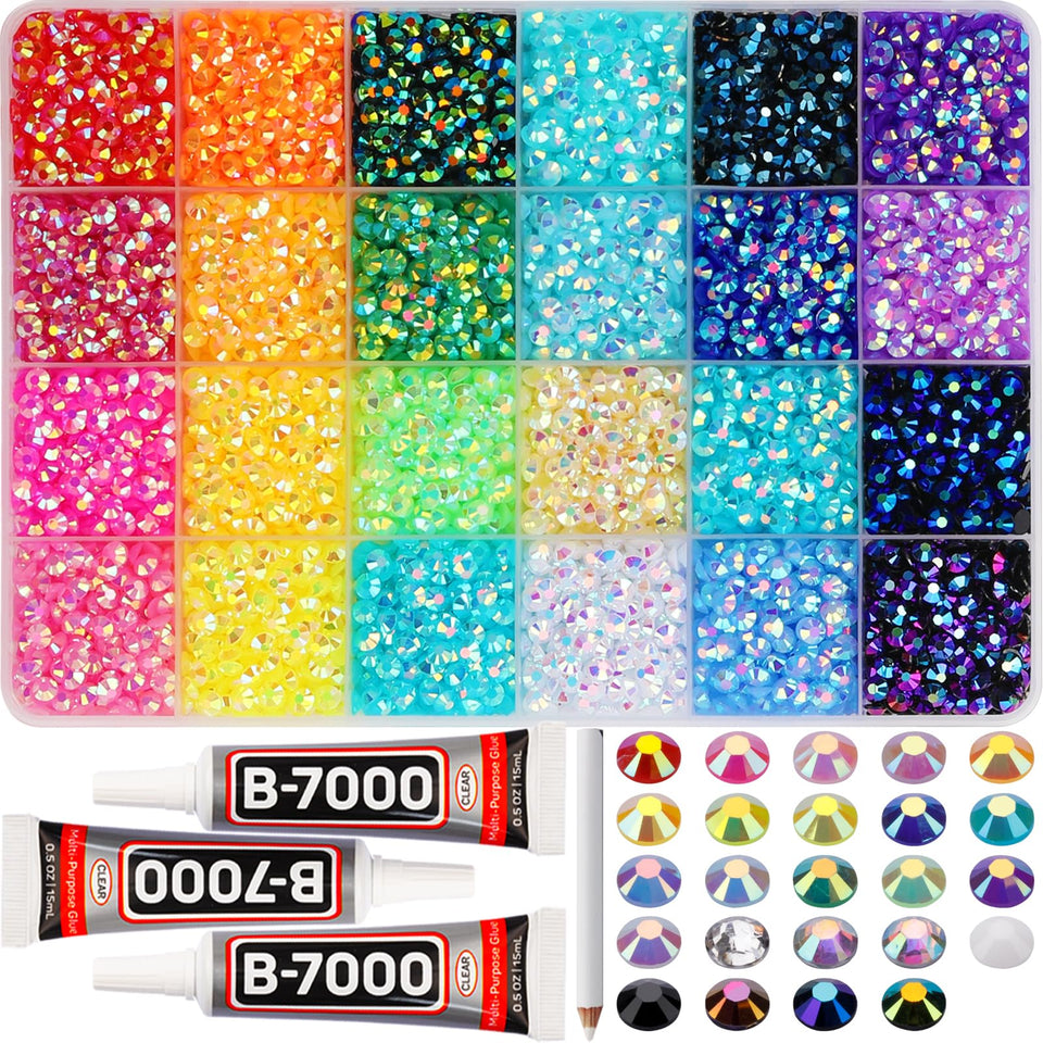 Worthofbest front packaging showing 9000 colorful rhinestones and included tools, perfect for crafting