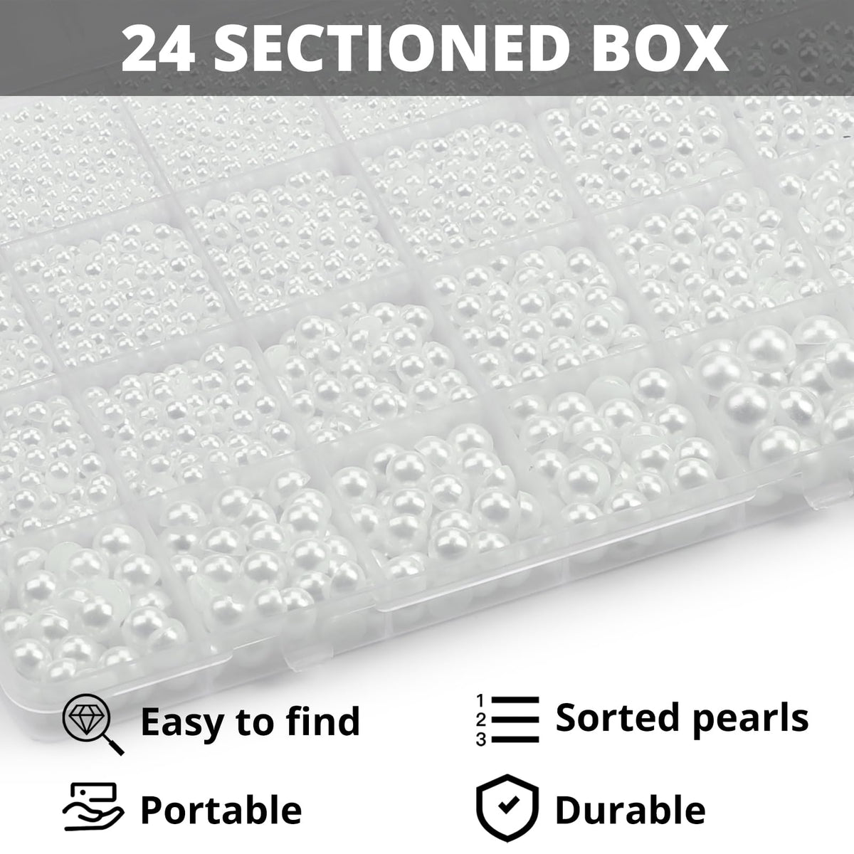 Worthofbest pearls arranged in 24-grid organizer for neat storage and sorting