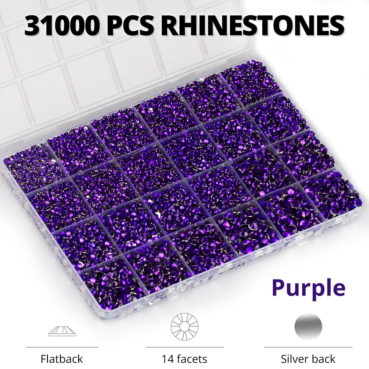 Worthofbest close-up of 14-facet purple rhinestone reflecting light for intense sparkle