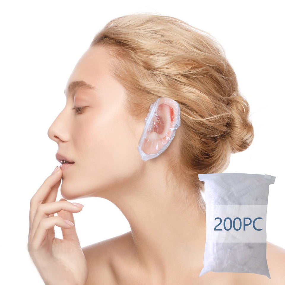 WOSHOP front packaging showing 200-pack clear ear covers and product benefits