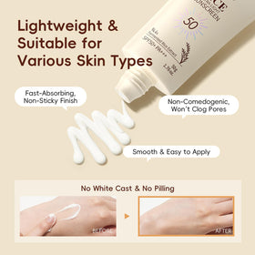 WOUGLAY sunscreen tube label highlighting lightweight protection and daily finish