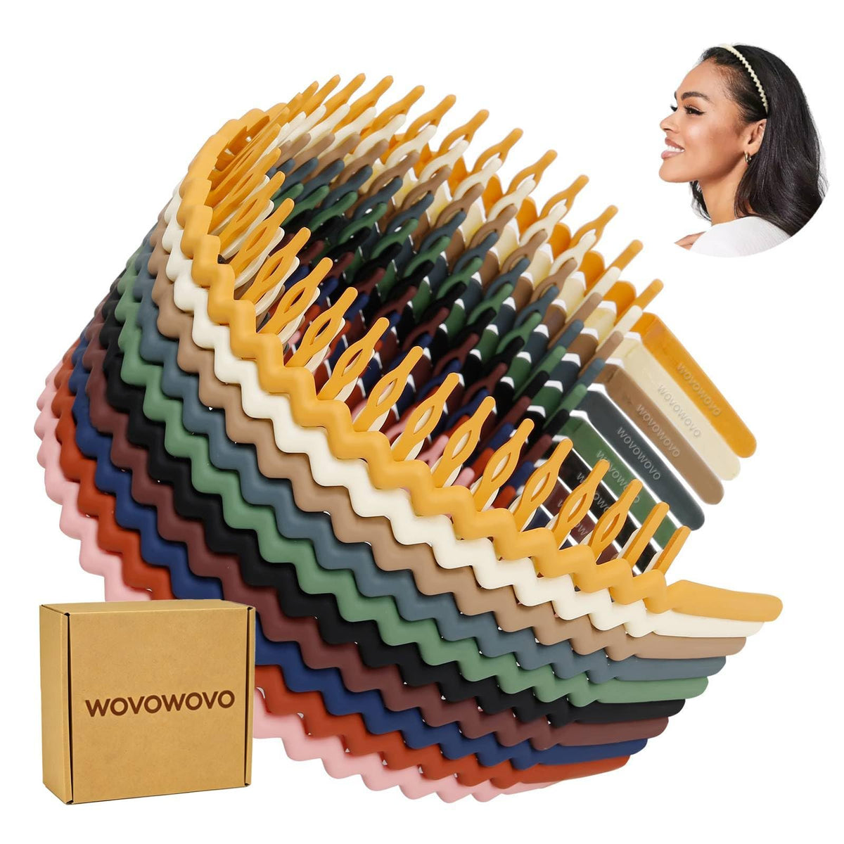 WOVOWOVO front view of 10-pack headbands showing color variety and compact design