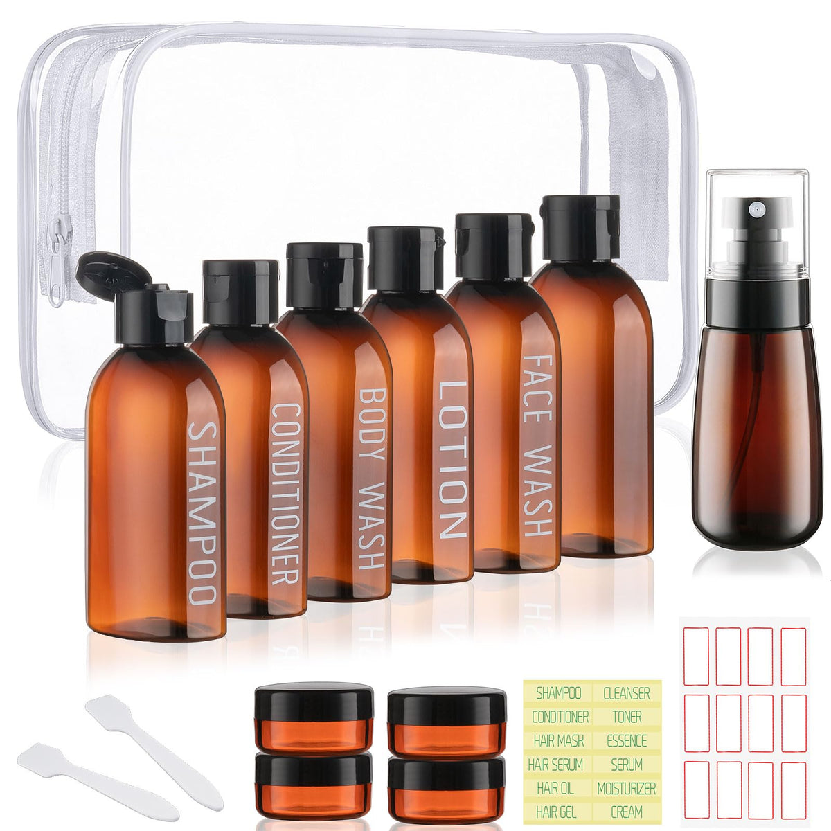 Wowang front view of pouch and bottles showing organized travel convenience