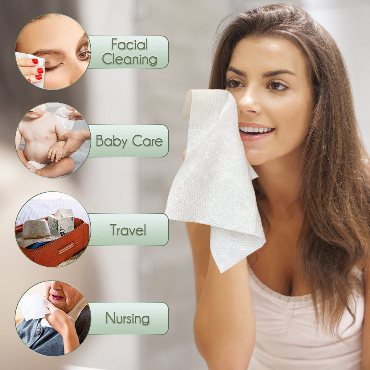 WOWOTEX towel cleaning a baby face indicating gentle, alcohol-free care