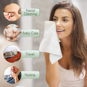 WOWOTEX towel cleaning a baby face indicating gentle, alcohol-free care