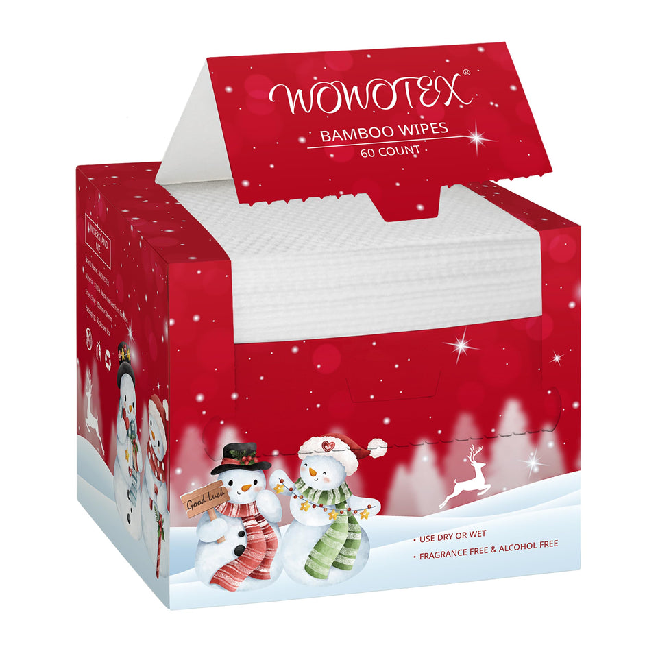 WOWOTEX front box showing 60-count biodegradable towels and eco benefit