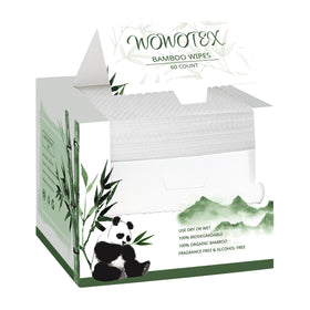 WOWOTEX front packaging showing 60-count biodegradable face towels for travel