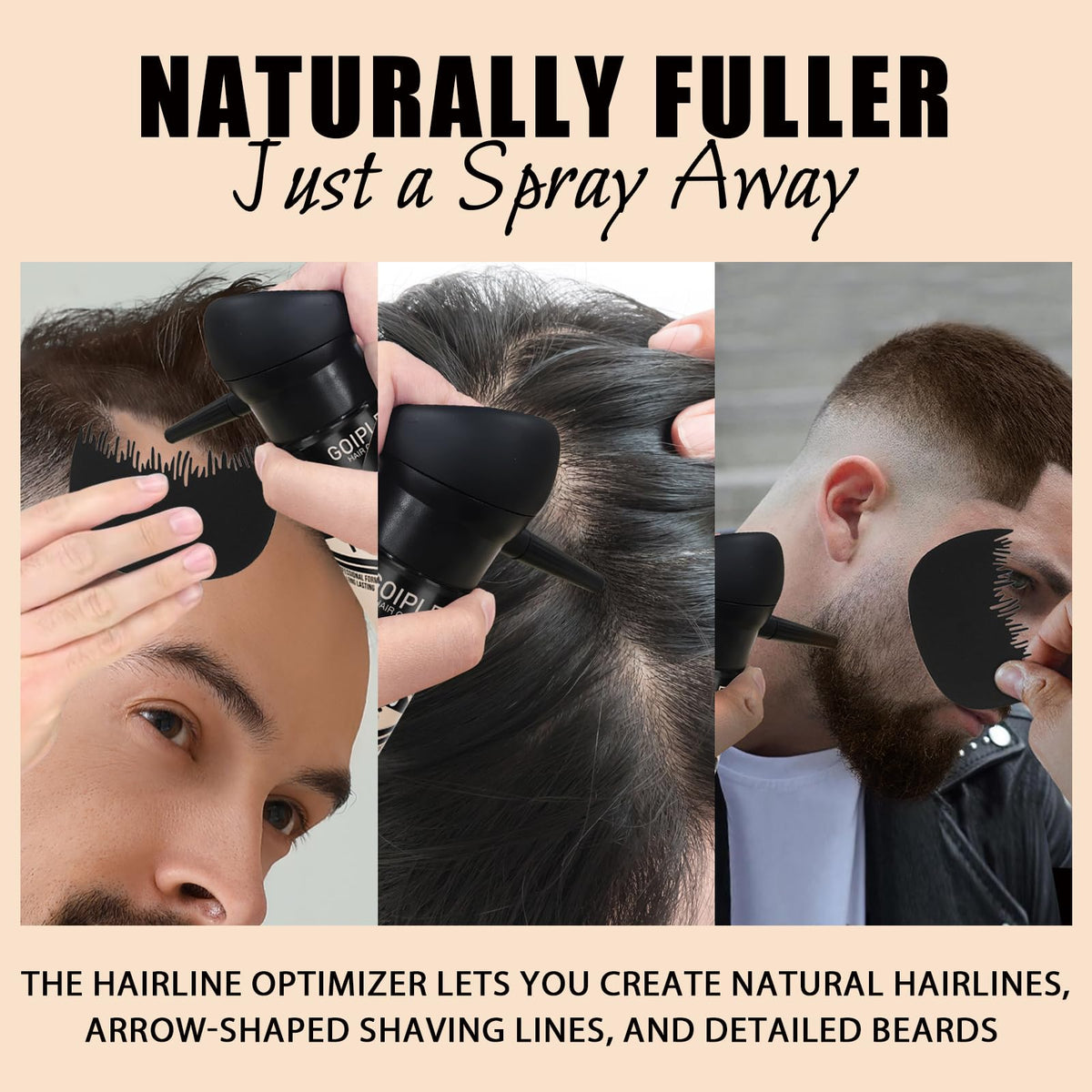 WOZUTUNT applying fibers to beard illustrating instant fuller look benefit