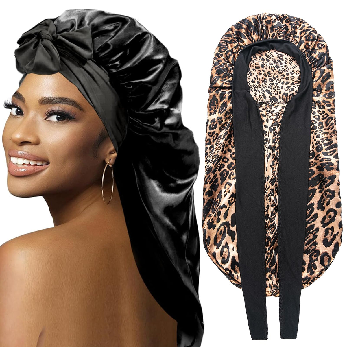 WOZUTUNT front view of black and leopard bonnets showing design and fit benefits