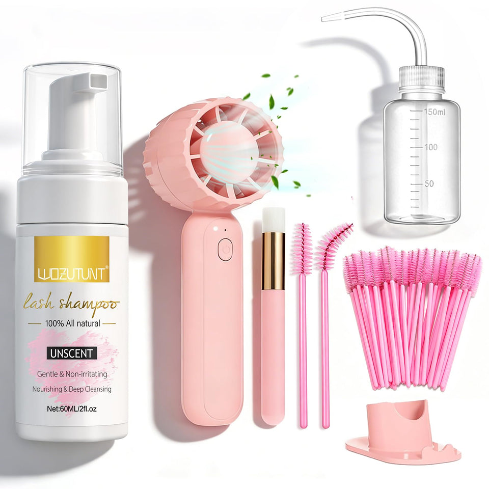 WOZUTUNT front packaging showing complete lash cleansing kit for convenience