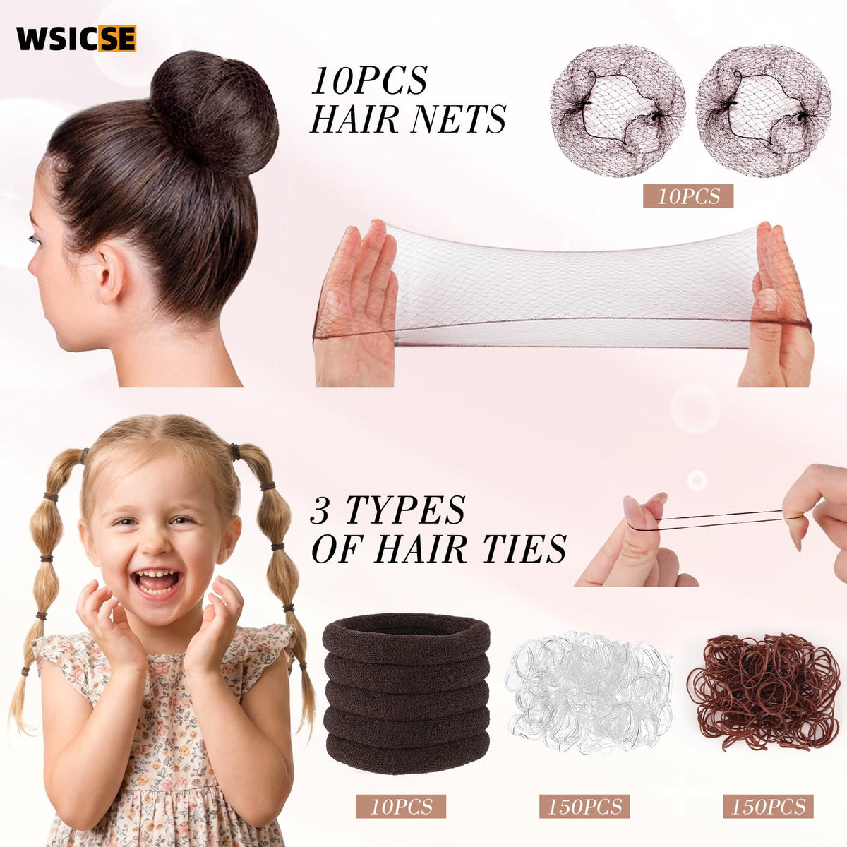 WSICSE hairnets and elastic ties laid out showing breathable mesh and gentle hold