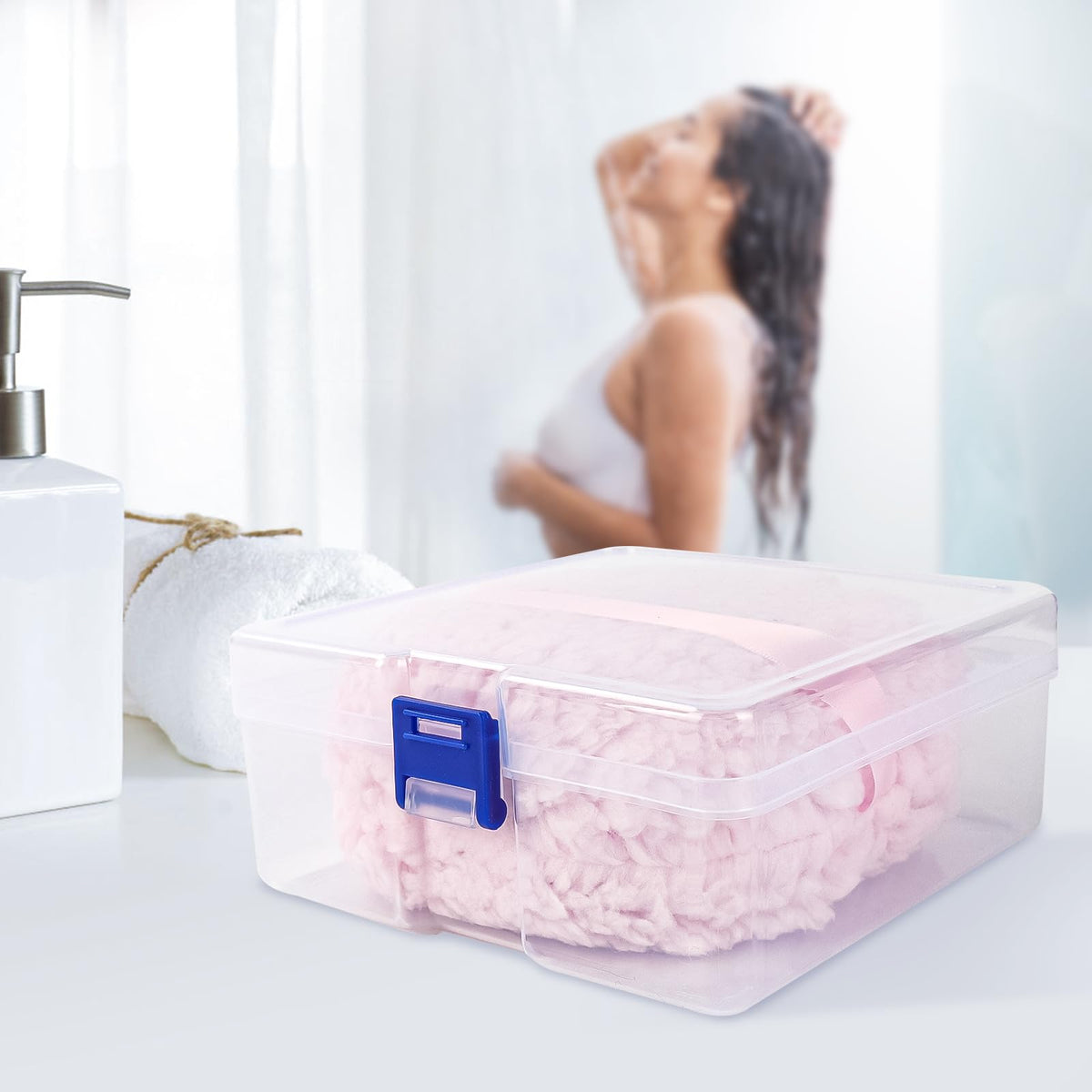 WSYUB puff on bathroom vanity, stylish storage for travel readiness