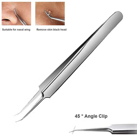 WSYUB oblique tweezer angled shown on skin for controlled grip in forehead and chin areas