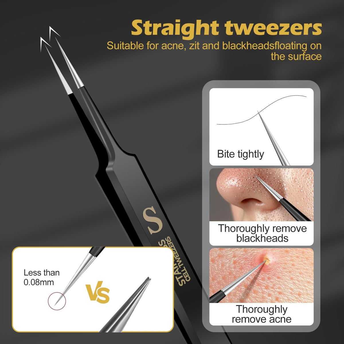 WSYUB straight tweezer close-up tip offering precise blackhead extractions
