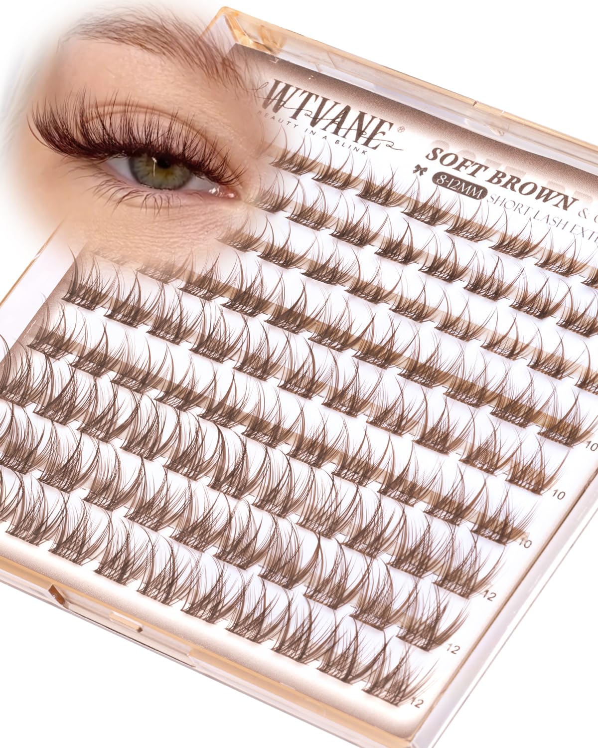 wtvane front packaging showing brown short lash clusters and clear product ID for natural wear