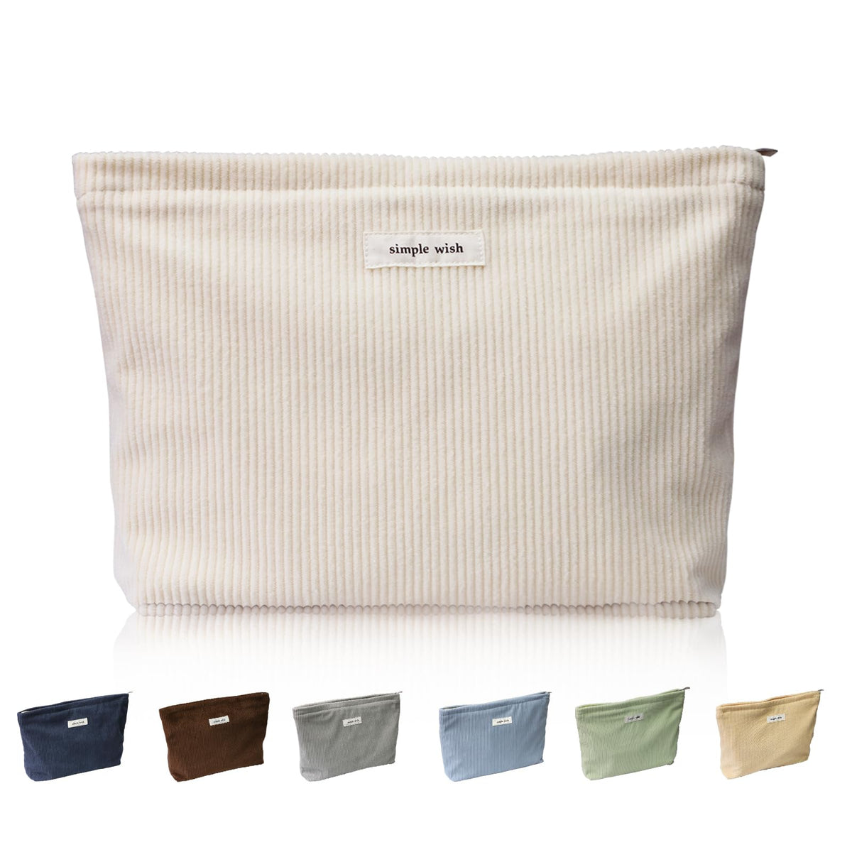 Wudygirl front view beige pouch shows stylish corduroy and safe storage
