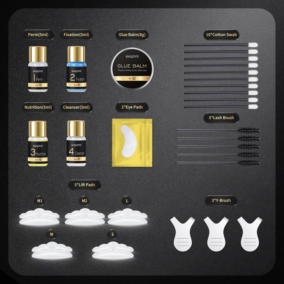 WUGOYU perm and fixation lotions displayed to highlight gentle formula benefits