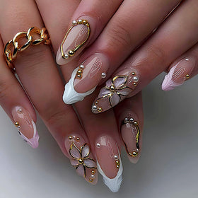 WUHCIM front packaging showing 24pc almond press-on nails and contents benefits convenience