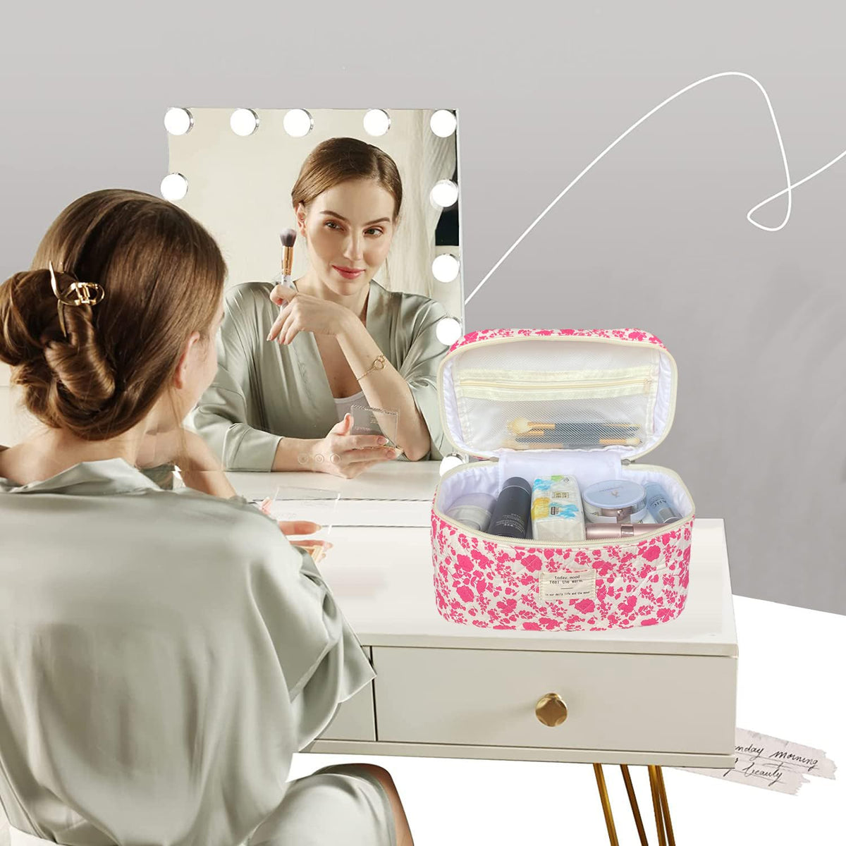 WYJ on bathroom counter lifestyle scene showing stylish travel convenience