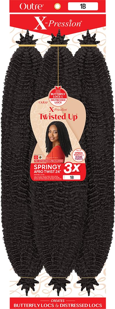 x-pression Outre front packaging showing 24" twists and model color benefits quick styling