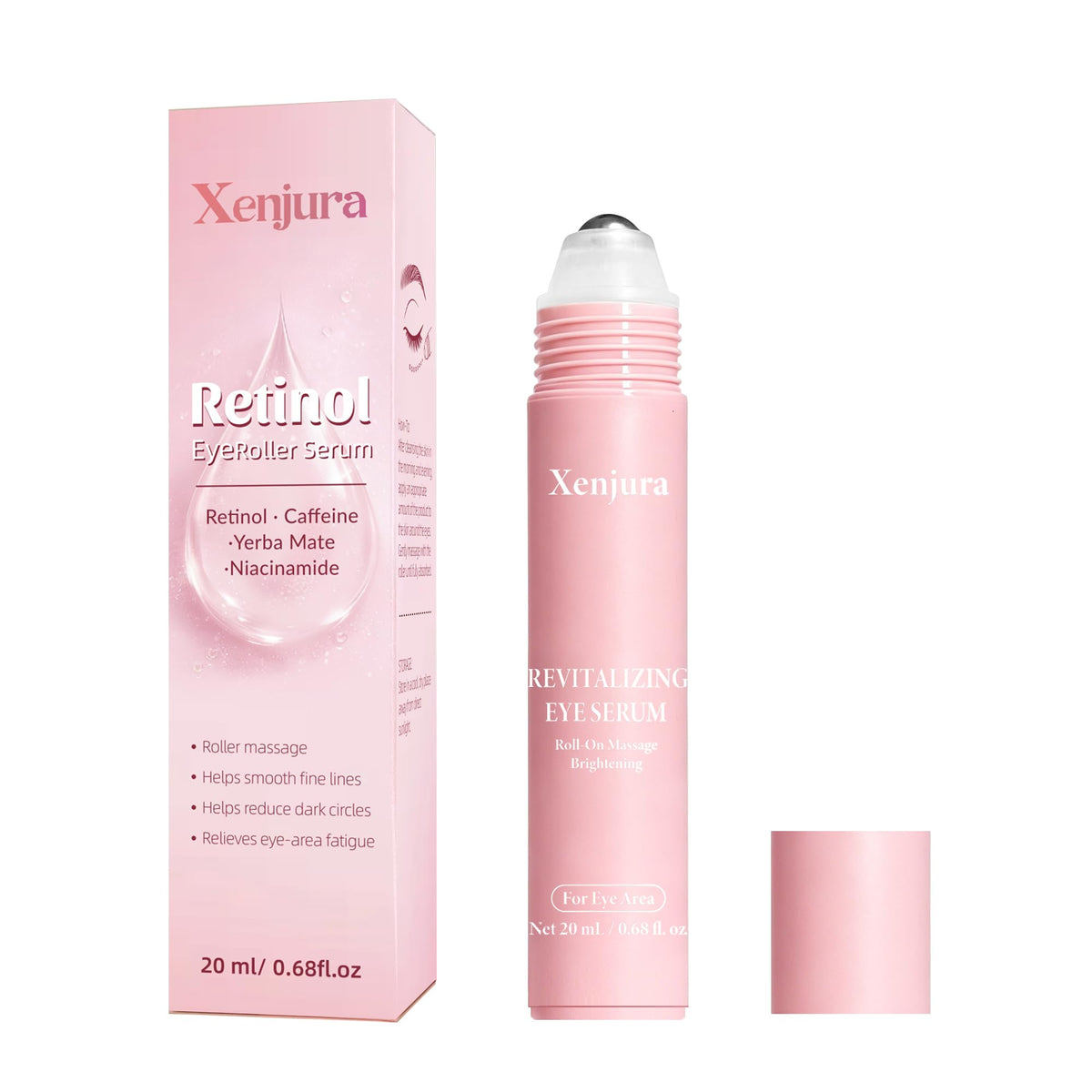 Xenjura front packaging showing the retinol and caffeine eye roller benefits