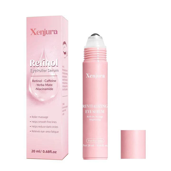 Xenjura front packaging showing the retinol and caffeine eye roller benefits