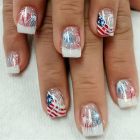 Xenophoer front packaging showing 24-piece patriotic press-on nails and tools for quick wear