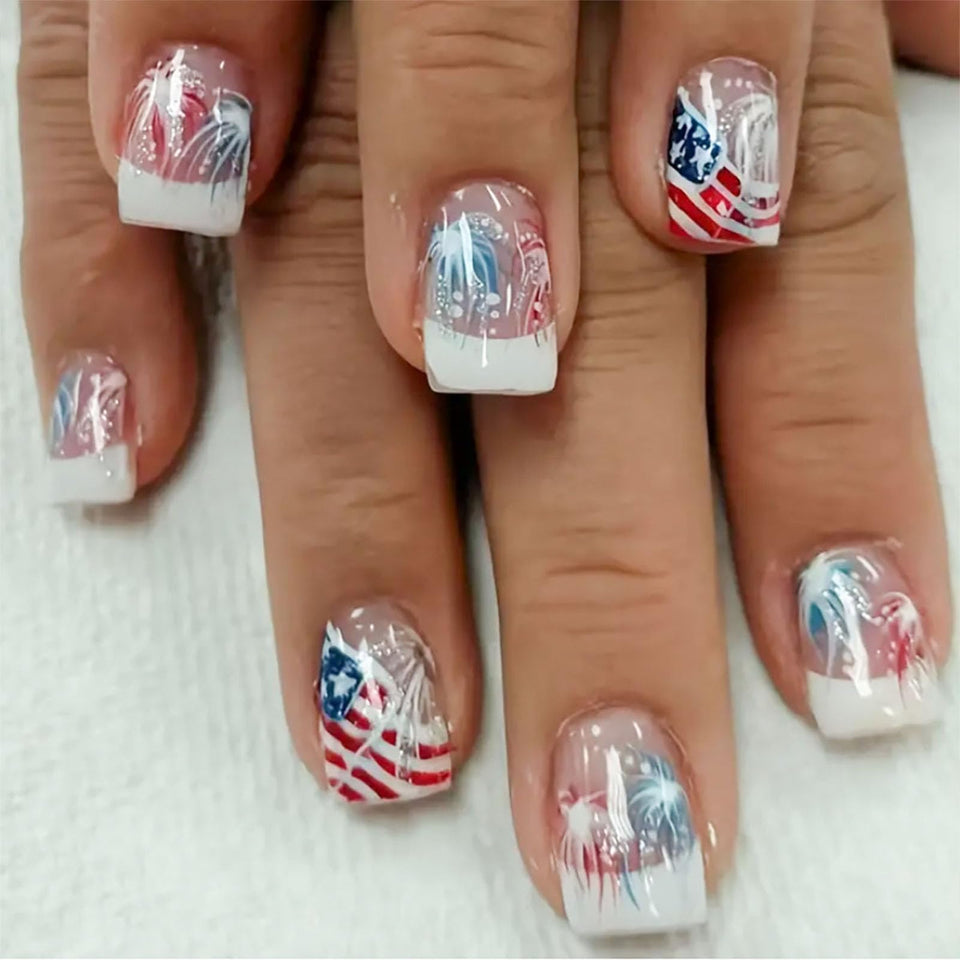 Xenophoer front packaging showing 24-piece patriotic press-on nails and tools for quick wear