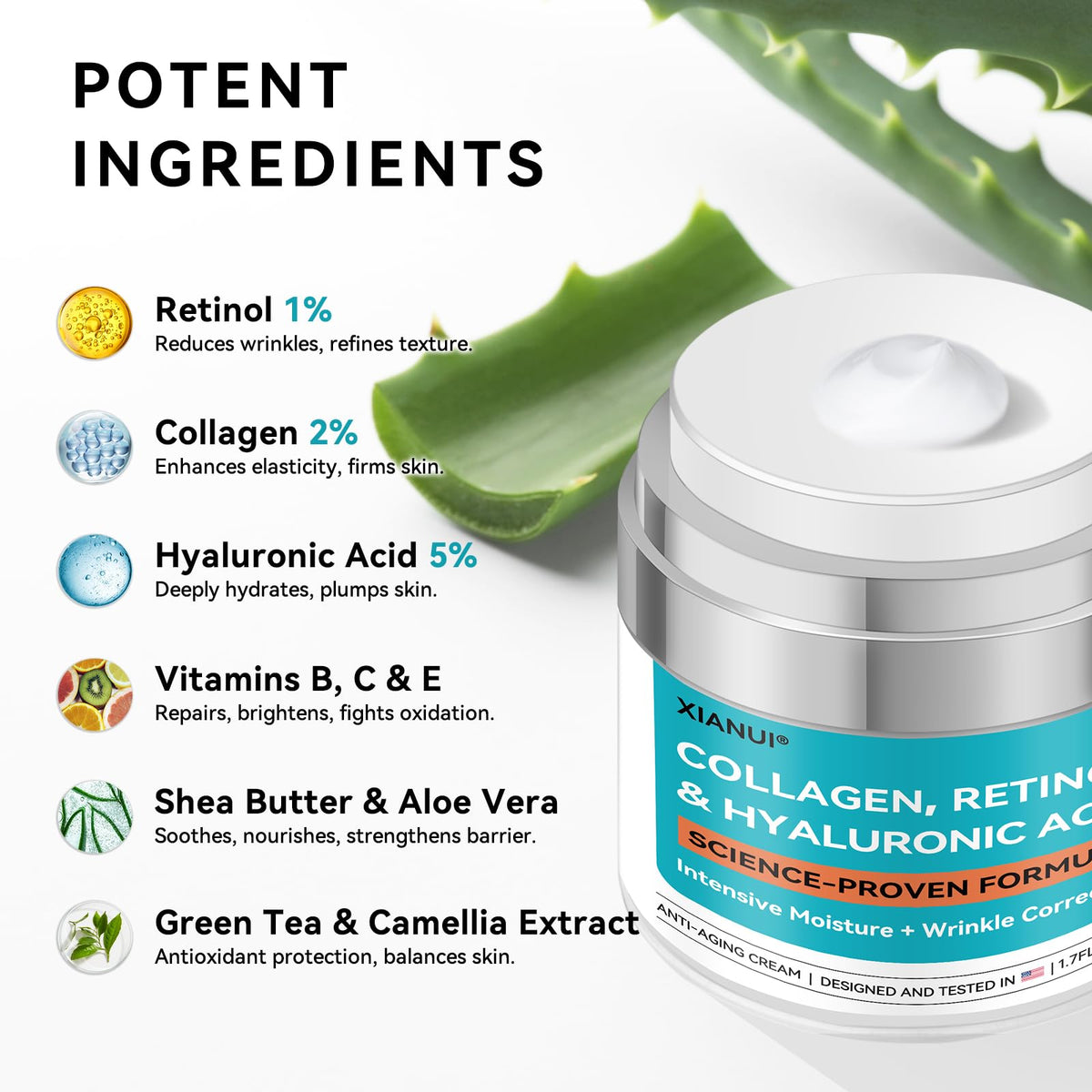 XIANUI ingredient callout highlighting retinol, collagen, hyaluronic acid benefits