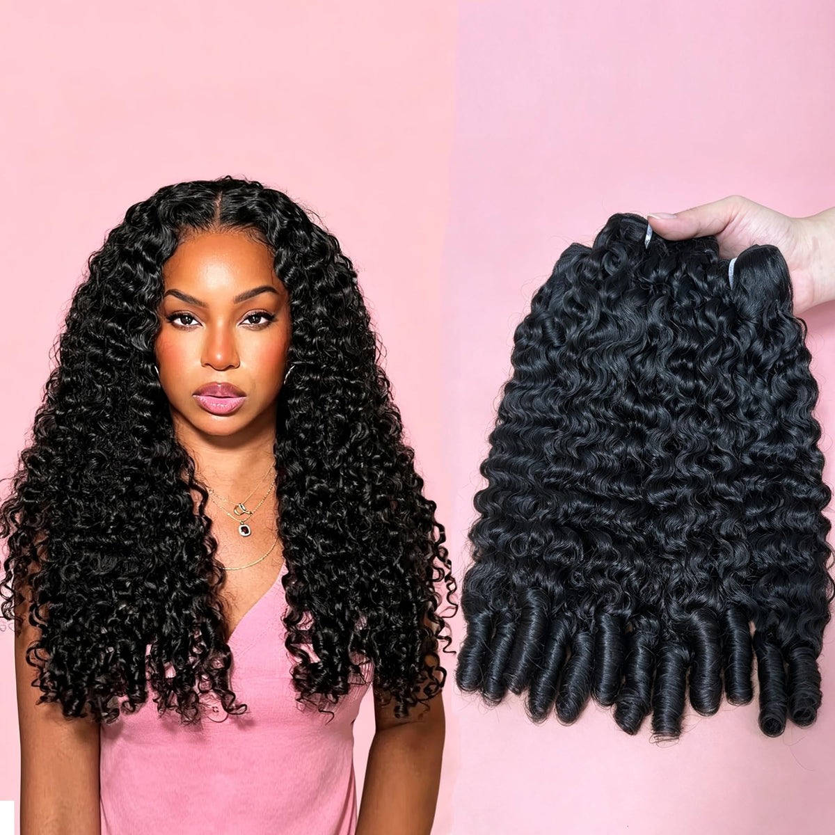 Xiaosa front packaging showing neat bundled virgin curly hair and benefits