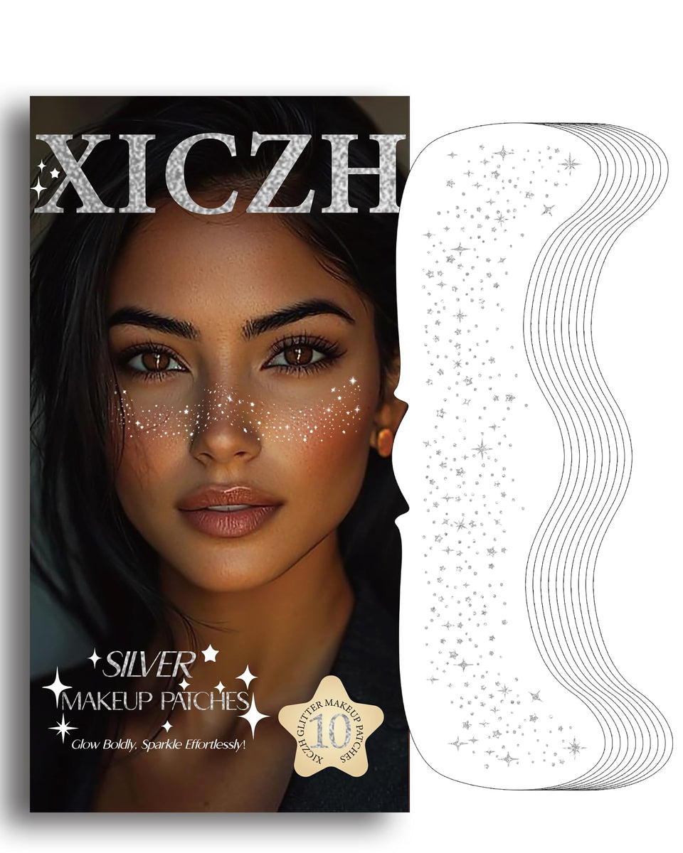 XICZH front packaging showing silver glitter patches and pack benefit
