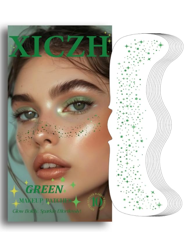 XICZH front packaging showing ten green glitter face stickers and easy application