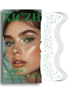XICZH front packaging showing ten green glitter face stickers and easy application