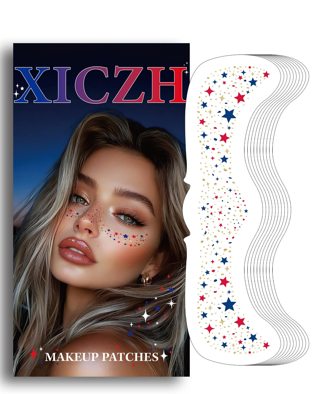 XICZH front packaging showing red and blue patriotic glitter patches and easy peel benefits