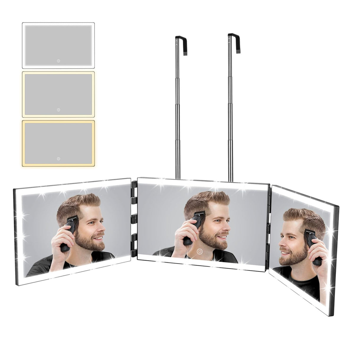 XIGETRAIL front open trifold mirror showing full 360° view and even lighting
