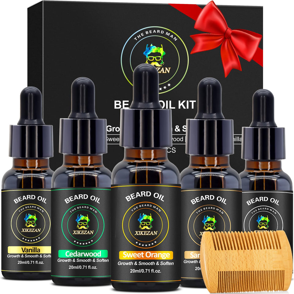 XIKEZAN front packaging showing five beard oil bottles and gift-ready box