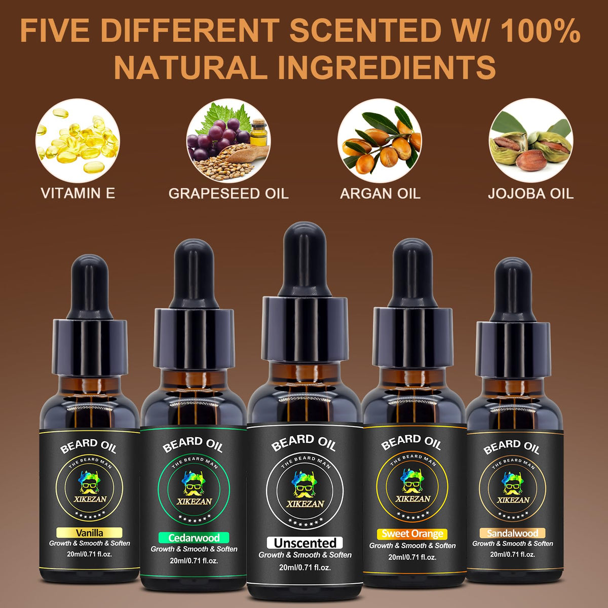 XIKEZAN five oil bottles lined up to show scent variety for versatile grooming