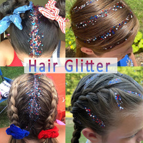 Xiuxixu hair roots with red white blue streaks showing bold festival-ready color accents