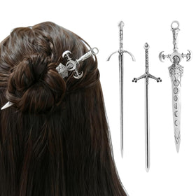 XJYHDY three sword hair pins front view showing set and packaging, elegant wearable design