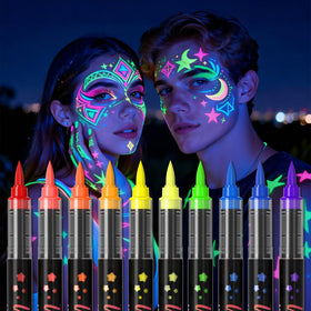 Xkmywhhs front packaging showing ten vibrant neon face paint colors and benefits