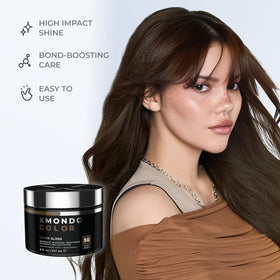XMONDO before and after on brunette hair illustrating tone refresh and added shine
