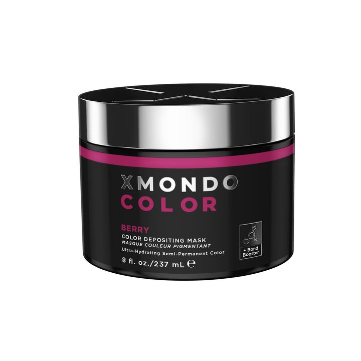 XMONDO jar front view showing vivid berry shade and branding for confident color