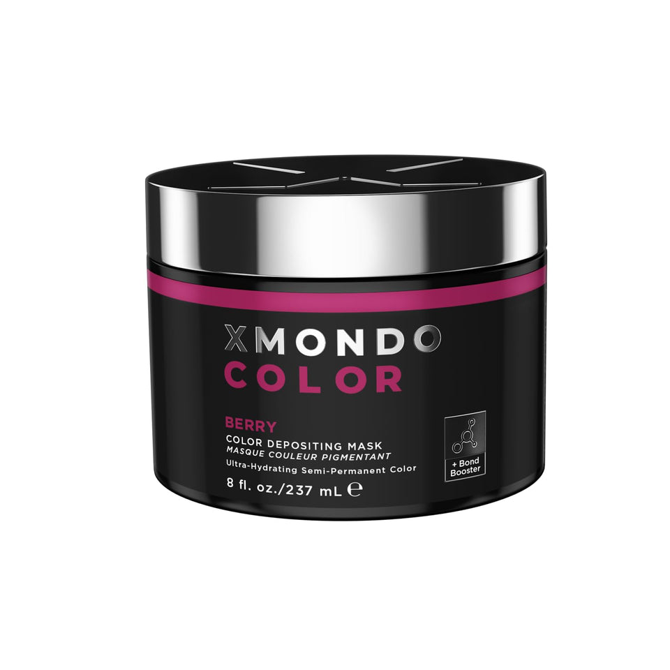 XMONDO jar front view showing vivid berry shade and branding for confident color