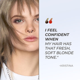 XMONDO lifestyle photo of woman with luminous ash blonde hair and shine