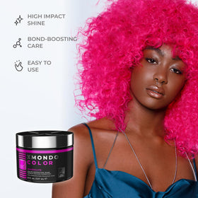 XMONDO before and after on blonde model showing vivid rosy purple payoff