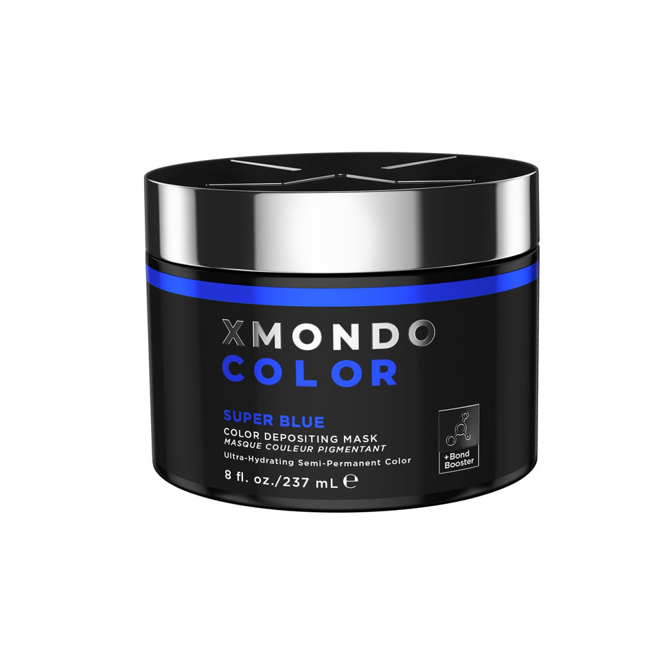 XMONDO front bottle showing vibrant blue mask and size information, clear product benefit
