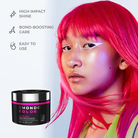 XMONDO lifestyle studio shot of finished hairstyle showing vibrant color and glossy results