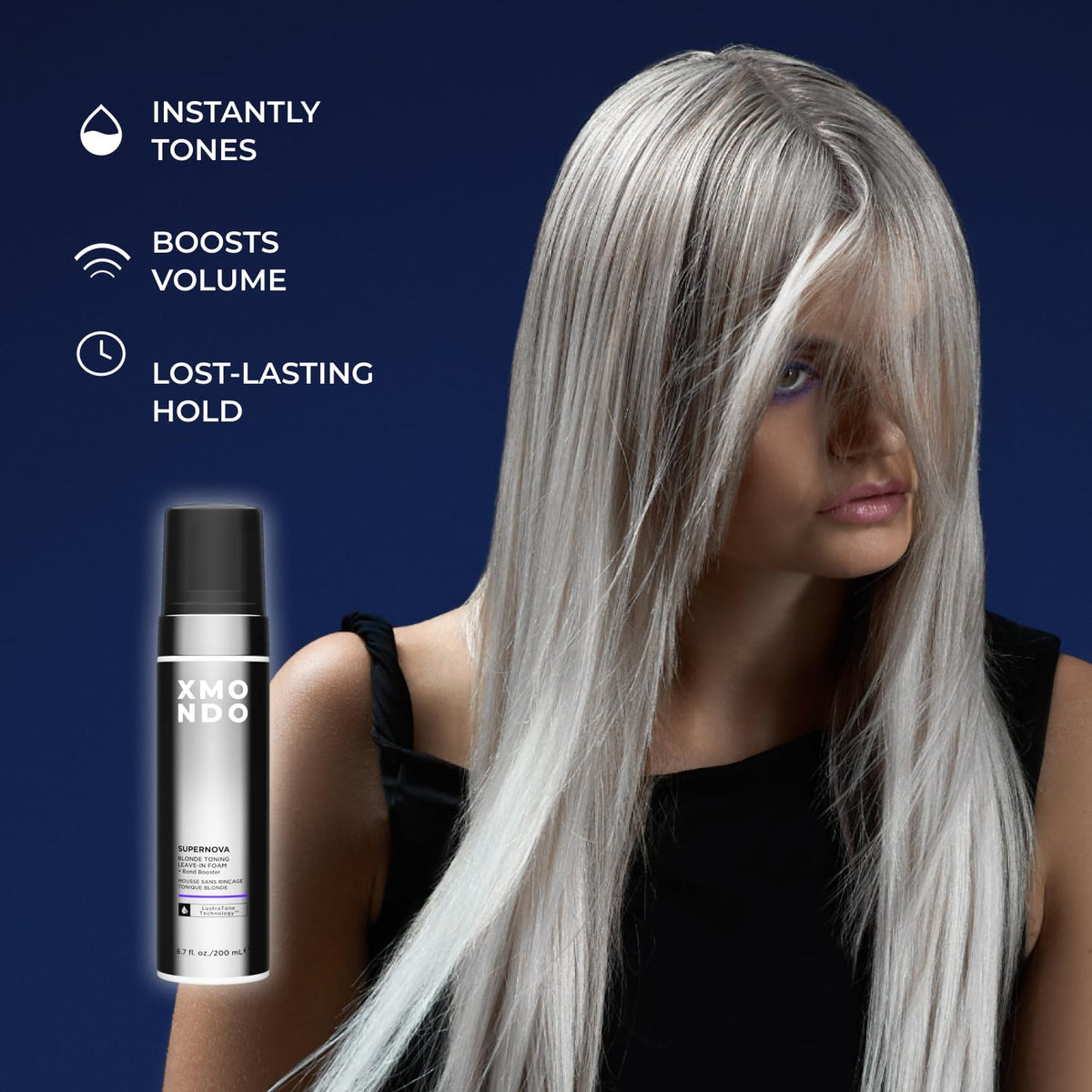 XMONDO foam applied to damp blonde hair for even toning